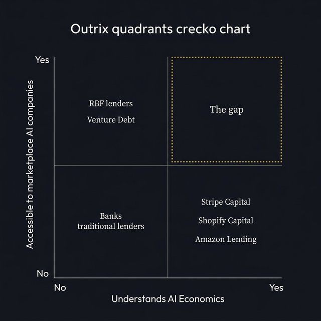 Matrix chart showing funding options by their accessibility for marketplace AI companies and their understanding of AI economics.